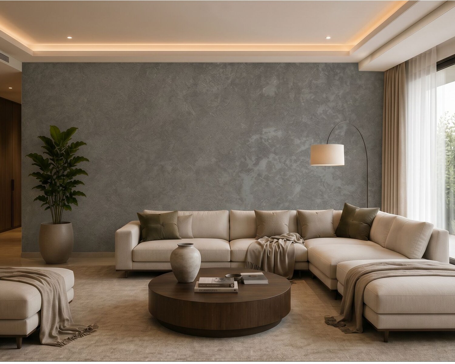 Anthea grey plaster wallcovering in a contemporary living room